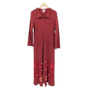 April Cornell Burgundy Wool Blend Bouclé Floral Embroidered Maxi Duster Cardigan